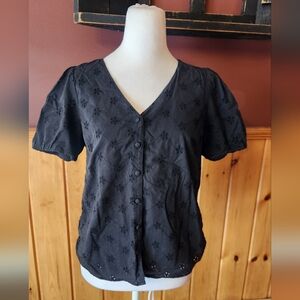 J. Crew Black Eyelet Short Sleeve Blouse With Buttons Size Small